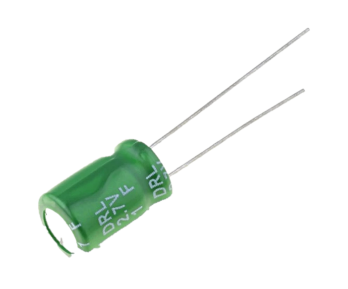 Super Condensador Supercapacitor THT 4,7F 2,7VDC ±20% Body dim: Ø10x20mm EDLC Condensador eletrolítico verde com terminais metálicos em fundo branco