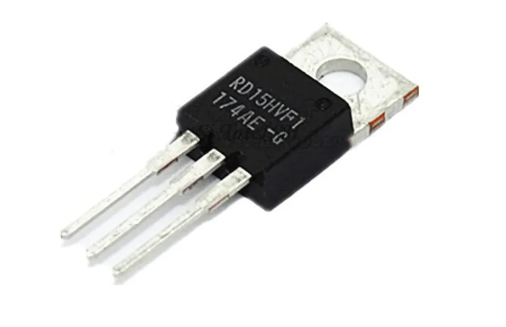 Transístor preto RD15HVF1 com três pinos e aba metálica