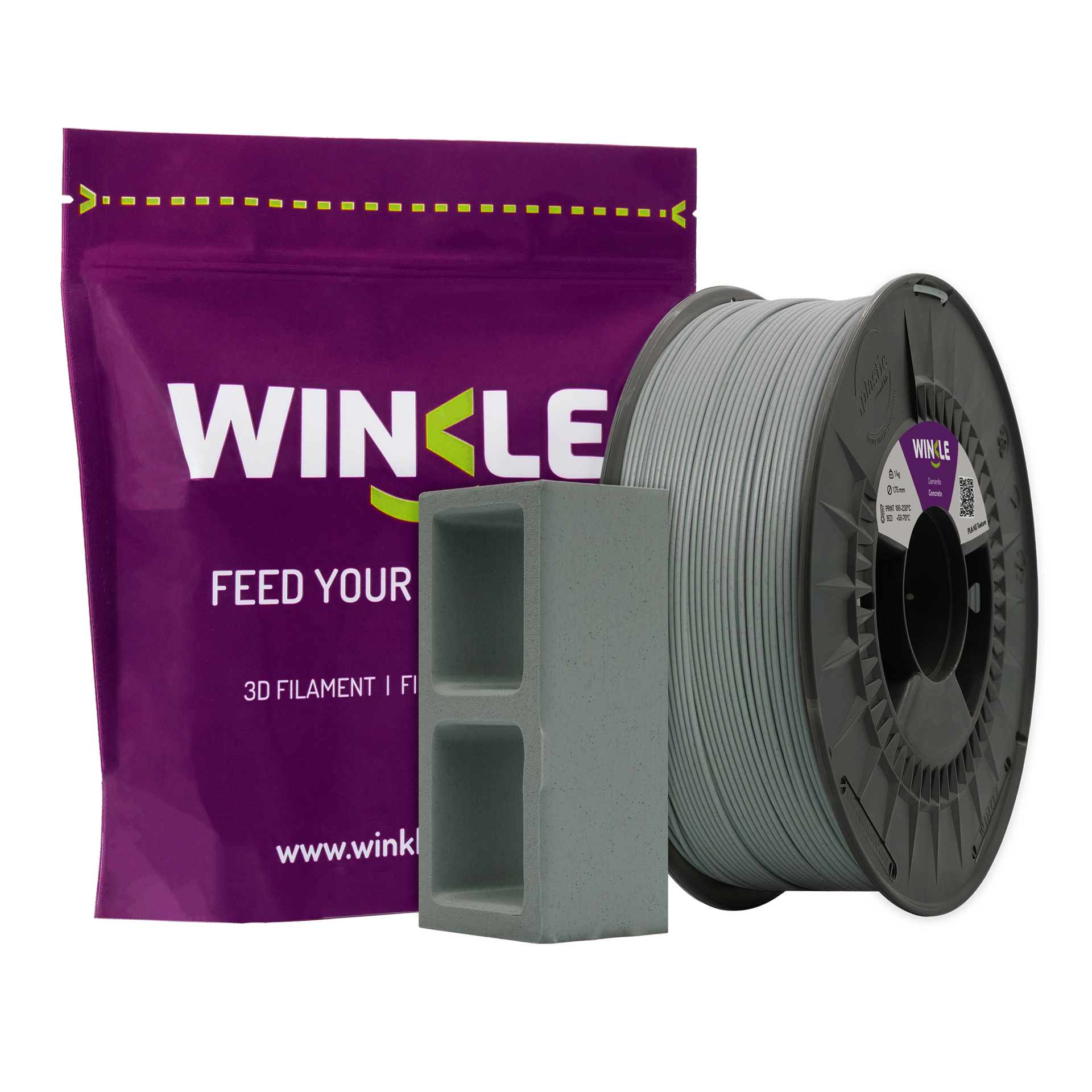 Filamento PLA Cimento 1.75mm 1kg Winkle Rolo de filamento 3D cinzento com embalagem roxa da marca WINKLE e peça impressa em 3D cinzenta.