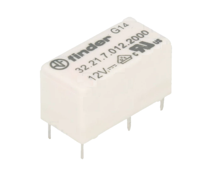 Relé 12VDC 6A SPDT (5 pinos) Finder 32.21.7.012.2000 Relé elétrico Finder G14 branco com quatro terminais