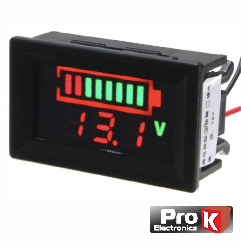 Voltimetro Digital LED 12Vdc Painel C/ Capacidade PROK Voltímetro digital retangular com visor LED e valor 13.1 V