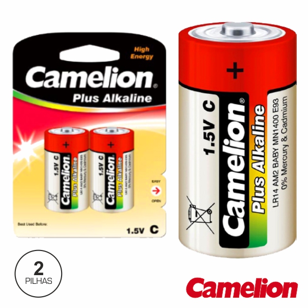 Pacote e pilha Camelion Plus Alkaline tipo C, 1.5V, cores preta, vermelha, branca, amarela e verde