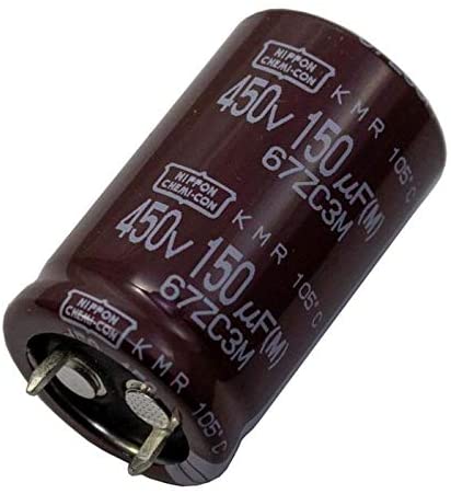 Condensador electrolítico 150 uF 400V Condensador eletrolítico castanho escuro com texto branco e terminais metálicos