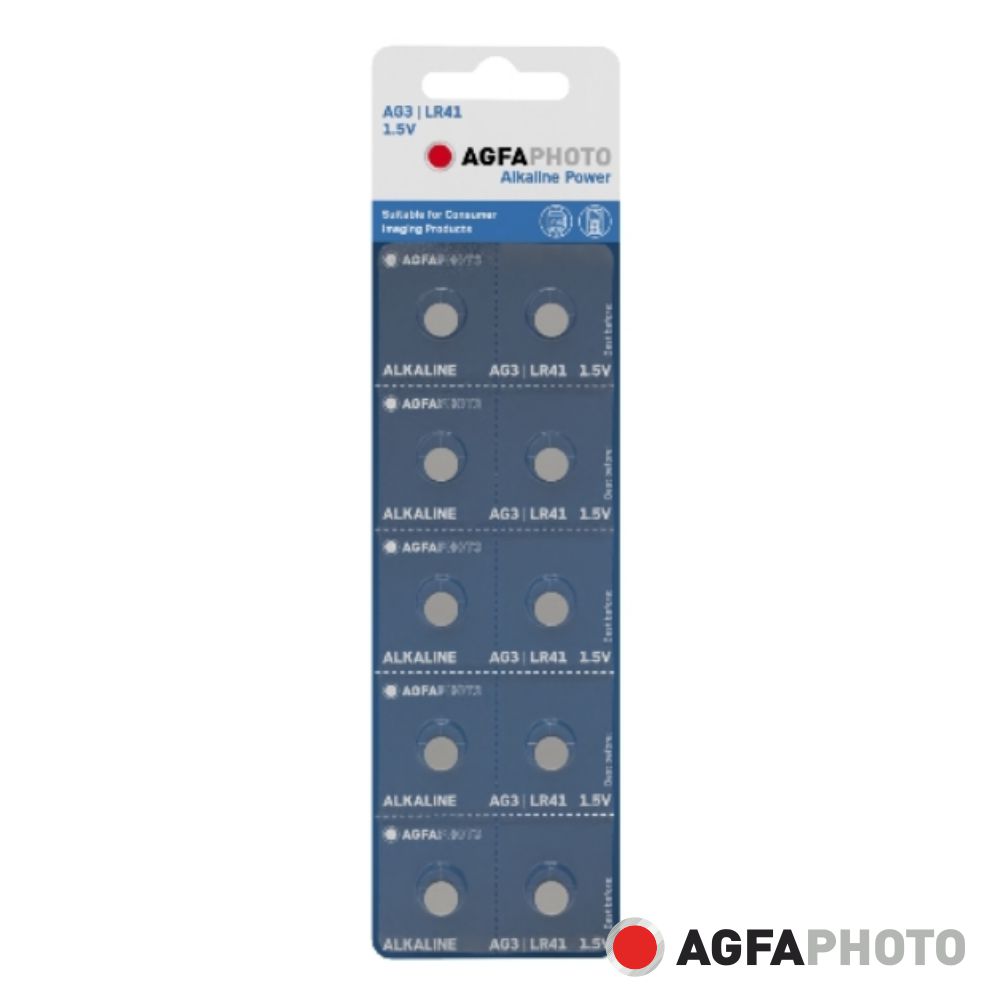 Cartela de 10 pilhas alcalinas AG3 LR41 1.5V marca AGFAPHOTO