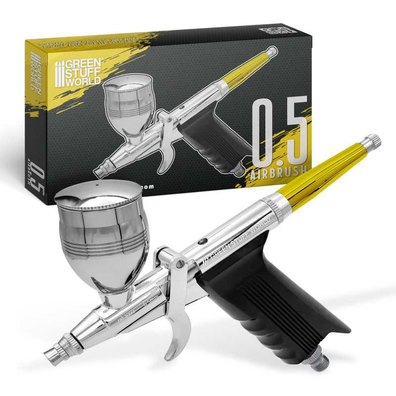 Pistola aerografo Airbrush gun 0.5 Aerógrafo metálico prateado e caixa preta e amarela com texto.