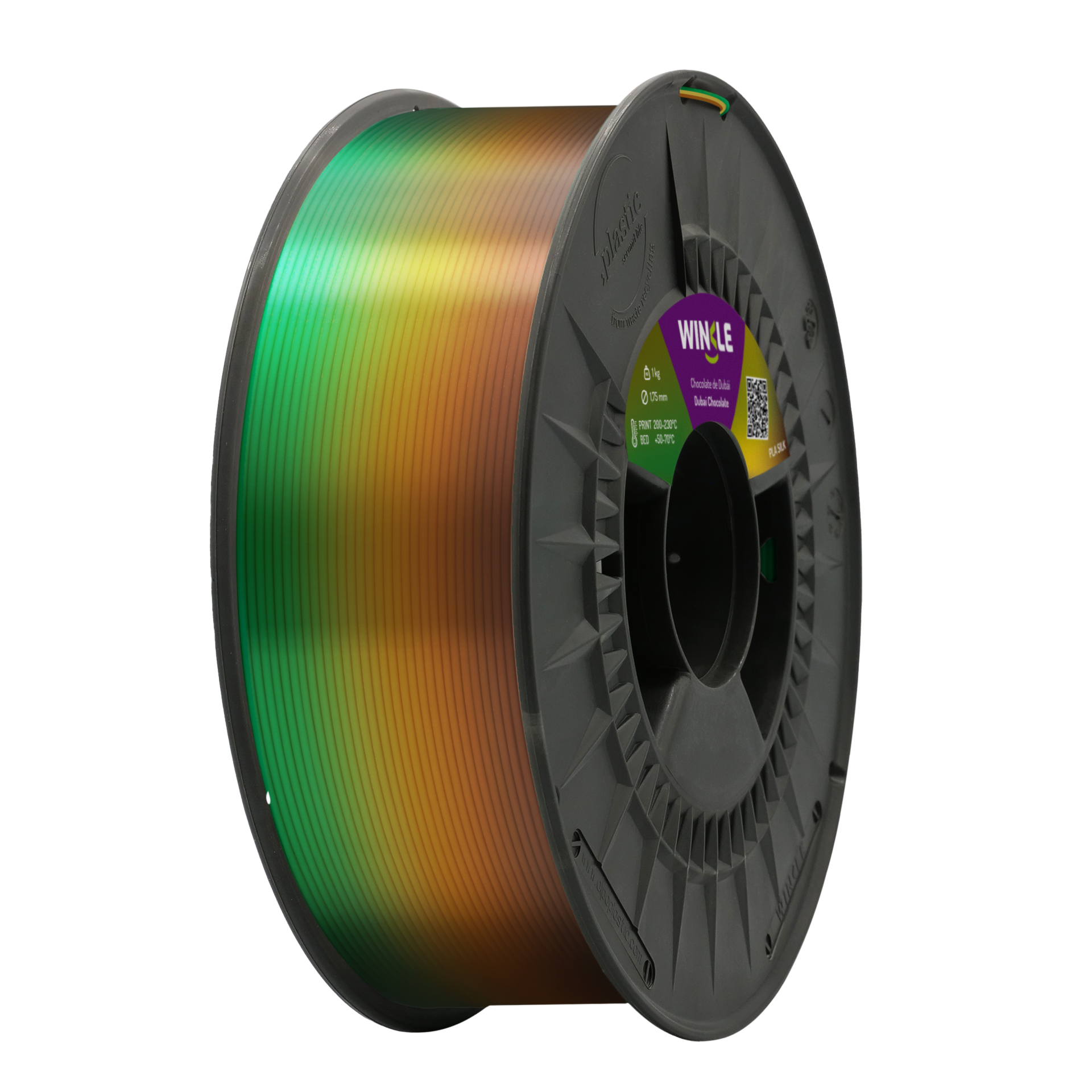 Filamento PLA Chocolate do Dubai 1.75mm 1kg Winkle Carretel de plástico cinzento com fio colorido em tons verde, amarelo e castanho e etiqueta WINKLE