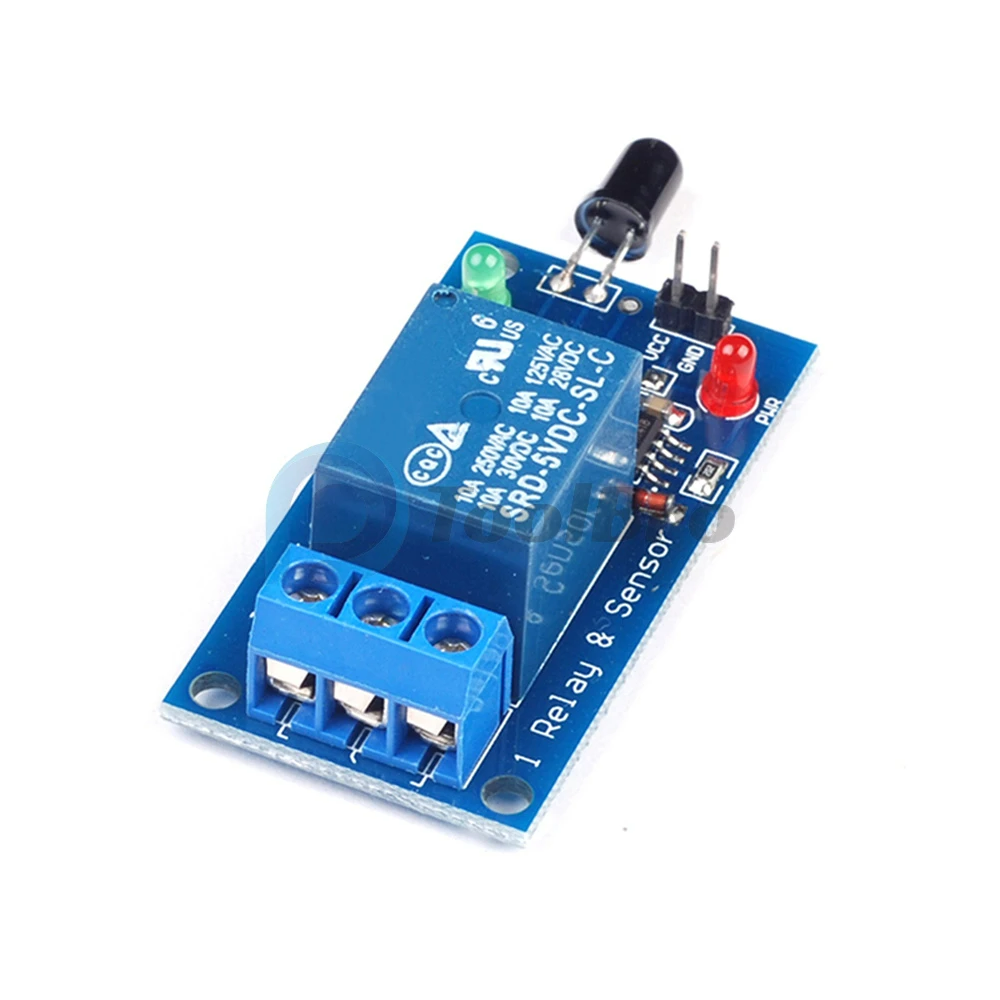 Módulo de Relé 5 V com sensor de incêndio Placa eletrónica azul com relé preto, LEDs vermelho e verde e conectores azuis