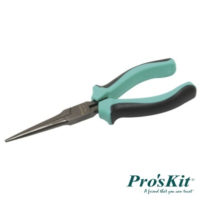 Alicate de bico longo com cabo preto e verde-água proposto em fundo branco