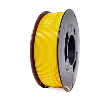 Carretel de filamento amarelo para impressão 3D em suporte preto