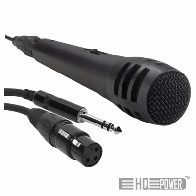 Microfone preto com conector XLR e jack 6,35 mm, marca HQ POWER visível