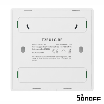 Interruptor de parede branco Sonoff T2EU1C-RF com etiquetas técnicas e marca