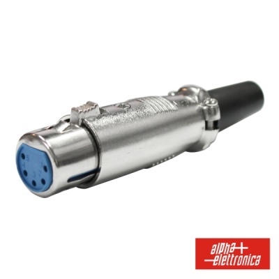 Conector XLR metálico com cabo preto e logotipo Alpha Elettronica