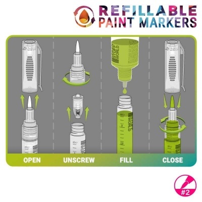 Instruções para recarregar marcadores de tinta em quatro passos com embalagem STUFF WORLD e texto colorido REFILLABLE PAINT MARKERS.