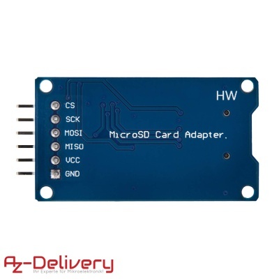 Adaptador MicroSD azul com pinos CS SCK MOSI MISO VCC GND e texto MicroSD Card Adapter