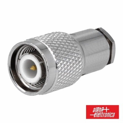 Conector coaxial metálico prateado com pino dourado e logótipo alpha elettronica