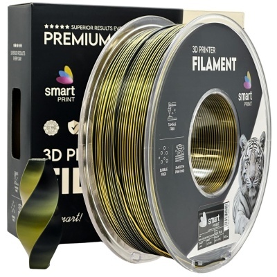 Rolo de filamento para impressora 3D preto e dourado com embalagem preta e imagem de tigre branco