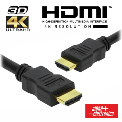 Cabo HDMI preto com conectores dourados e logótipo alpha elettronica