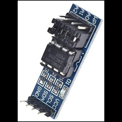 Módulo eletrônico azul com conetores pretos e pinos rotulados.