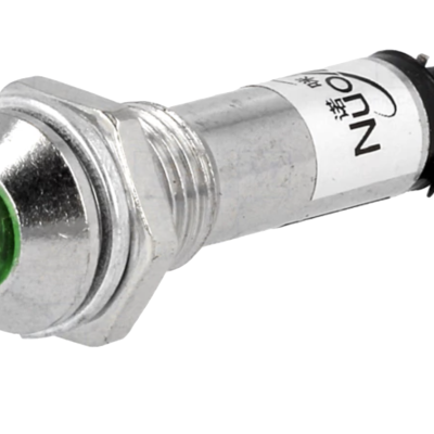 Indicador LED metálico de painel com lente verde e corpo cilíndrico prateado.