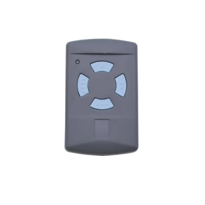 Comando remoto cinzento com botões brancos dispostos em círculo.