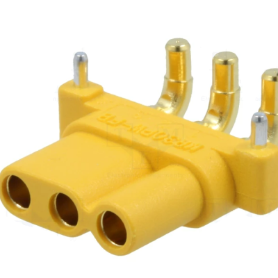 Conector elétrico amarelo de três pinos com texto gravado