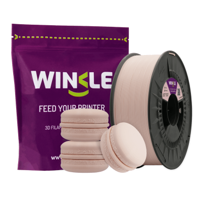 Filamento para impressora 3D Winkle bege com embalagem roxa e macaron modelados