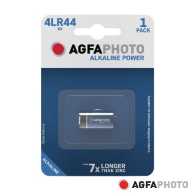 Bateria alcalina AGFAPHOTO 4LR44 6V numa embalagem azul e branca