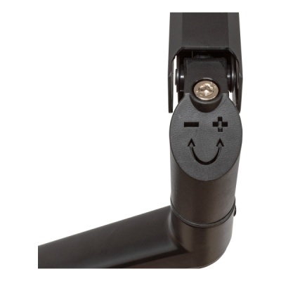 Suporte articulado preto com parafuso e símbolo de rosto sorridente