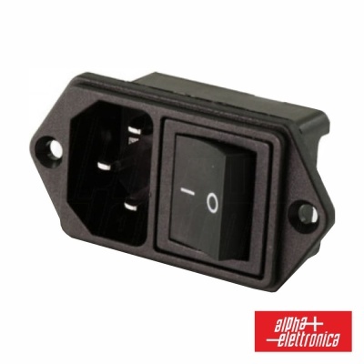 Interruptor elétrico preto com botão de ligar/desligar e logotipo Alpha Elettronica