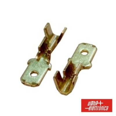 Conector elétrico metálico dourado com dois orifícios, fundo branco e logótipo