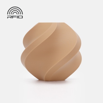 Produto bege com padrão espiral e logotipo RFID no fundo branco
