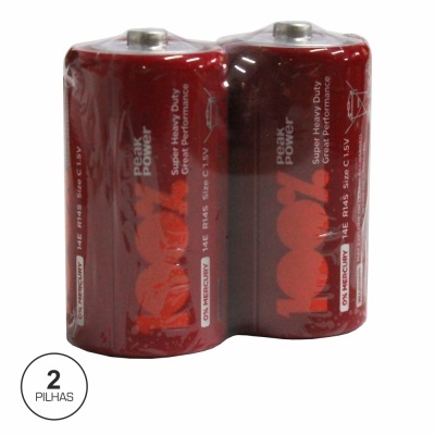 Duas pilhas recarregáveis vermelhas tipo C com texto em branco e cinzento
