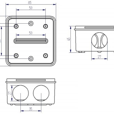 Desenho técnico de uma caixa retangular com orifícios e ranhura, visões superior, frontal e lateral