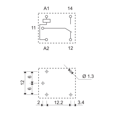 Diagrama técnico preto e branco com esquema elétrico e medidas em milímetros.