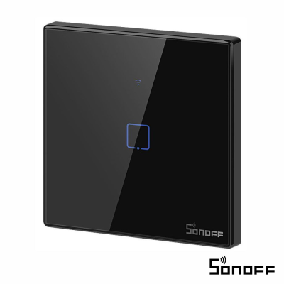 Interruptor de parede táctil preto Sonoff com indicador azul Wi-Fi.
