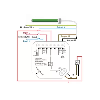 Diagrama elétrico colorido com motor, tubo fluorescente e conexões de fios