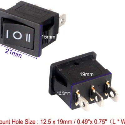 Interruptor basculante preto com três símbolos brancos e dimensões