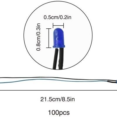 Diodo LED azul com cabo e dimensões indicadas, 100 peças