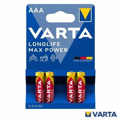 Pack de quatro pilhas alcalinas AAA VARTA, cartão azul com logótipo e texto