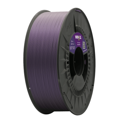 Rolo de filamento 3D roxo em carretel preto com etiqueta