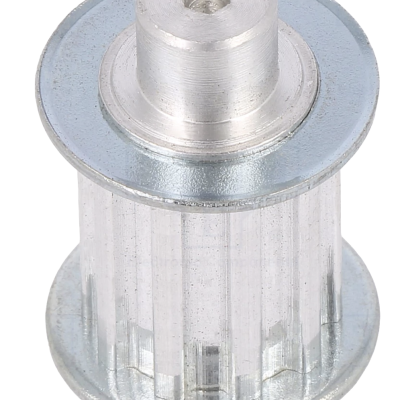 Polia metálica prateada com eixo central oco e abas circulares sobre fundo branco