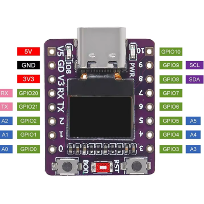 Placa eletrónica com conector USB tipo C, ecrã e pinos GPIO