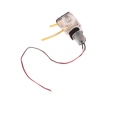 Bomba peristáltica transparente com motor cinzento e fios