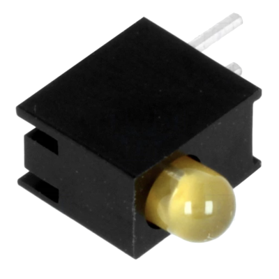 LED amarelo numa caixa preta com pinos de conexão