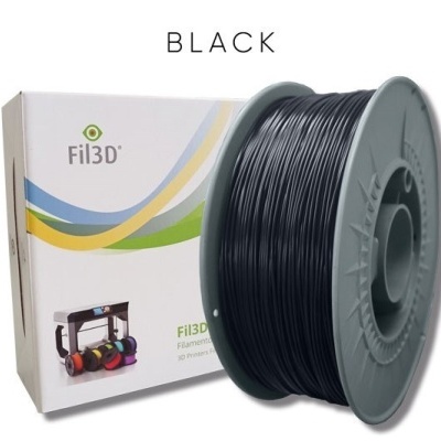 Bobina de filamento preto para impressora 3D com embalagem branca com gráficos coloridos e texto Fil3D.