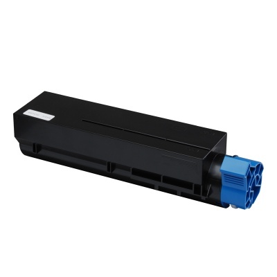Cartucho de toner preto com conector azul e etiquetas brancas