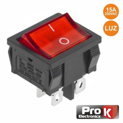 Interruptor basculante vermelho e preto com luz e símbolos I e O