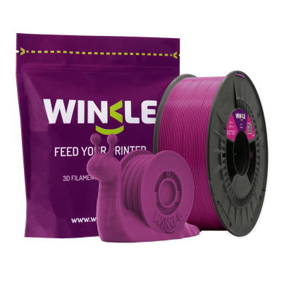 Filamento roxo para impressora 3D da Winkle com saco, carretel e modelo caracol impresso