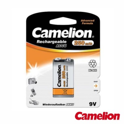 Bateria recarregável Camelion 9V 250mAh na embalagem preta e laranja