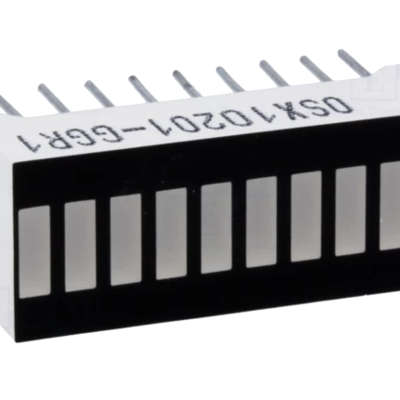 Componente eletrónico branco e preto com 10 pinos e código impresso